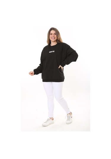 Kadın Büyük Beden Siyah Pamuk Kumaş Nakış Yazılı Sweatshirt 65n37616-siyah Siyah
