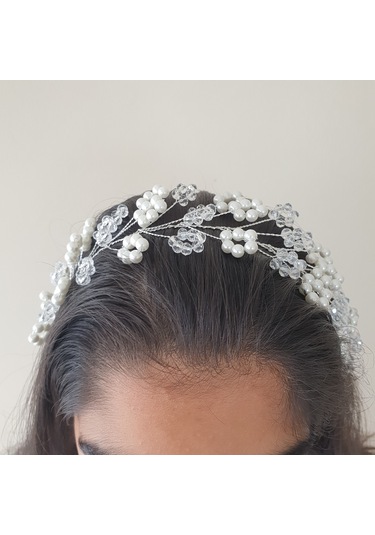 Beyaz Renk Incili Ve Kristal Boncuklu Gelin Tacı (549083535)