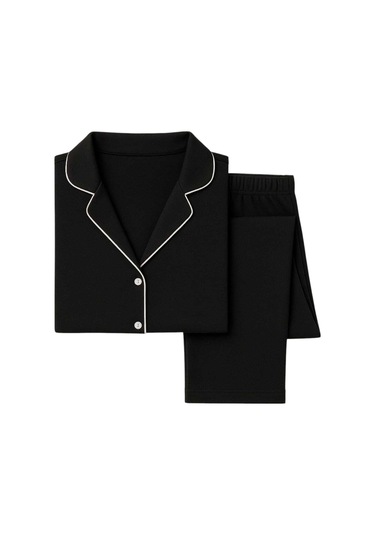 Siyah-beyaz Pamuklu Düğmeli Biyeli Kadın Pijama Takımı Siyah