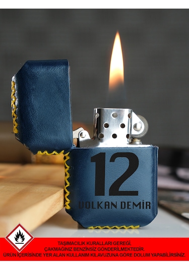 Hakiki Deri Kılıflı Sarı Lacivert Taraftar Benzinli Çakmak