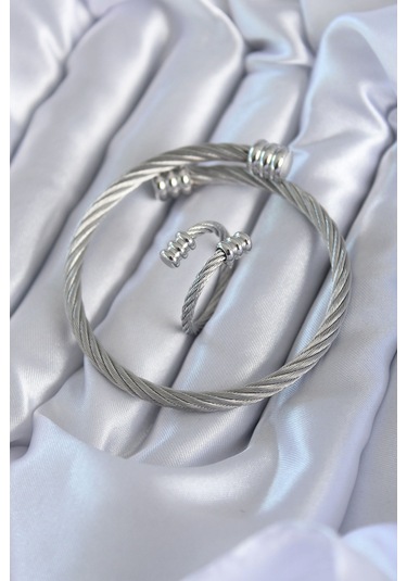 316l Çelik Gümüş Renk Sarmal Model Erkek Bileklik Yüzük Kombini - Tj-eb3596 Diğer