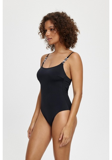 M12064 Halatlı U Yaka Mayo Siyah Çok Renkli