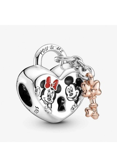 Nur Silver Mickey Mouse ve Minnie Kilit Gümüş Charm - NUR-CM00388