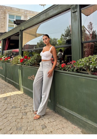 WeShaya Gri Keten Karışımlı Düz Paça Pantolon Gri