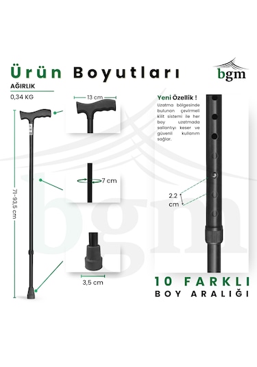 Siyah Baston Ayarlanabilir Denge Bastonu - Siyah- Lüks Yüksek Kalite