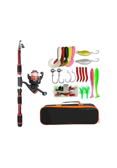 Teleskopik Olta Ve İplik Makarası Yemler Kancalar Çocuklar İçin Seyahat Kutup Seti Kırmızı 1.8m