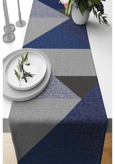 Lacivert Geometrik Desenli Premium Masa Örtüsü Runner Rnr610