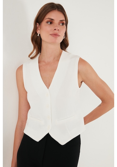 Lela Streç Fitted Fit V Yaka Düğmeli Bayan Yelek 5865971 Beyaz