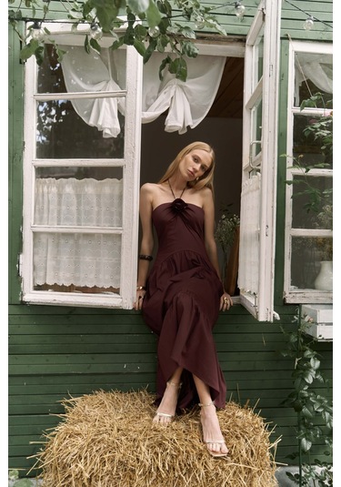 Elisa Gül Detay Bordo Uzun Elbise Bordo