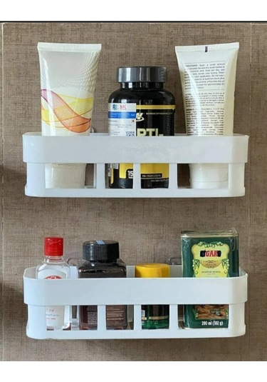 2 Adet Yapışkanlı Plastik Raf, Delme Vida Gerektirmeyen Banyo Duş Şampuan Mutfak Baharat Rafı Beyaz Beyaz