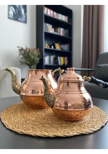 Bakır El Dövme Desenli Çaydanlık Bakır