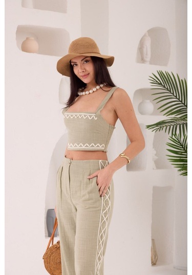Zikzak Nakış Kalın Askılı Crop Bluz Pantolon 2li Takım Haki