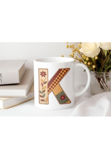 K Harfi Sonbahar Kış Temalı Yamalı Tasarım Kupa Bardak - Etnik Ve Pathwork Severlere Özel Hediye Beyaz