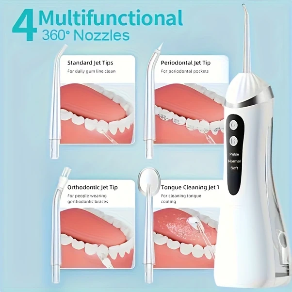 Gateesat Siyah Şarj Edilebilir Kablosuz Diş İpi 3 Mod 4 Nozul 360 Döner Başlık Usb Diş Temizleyici