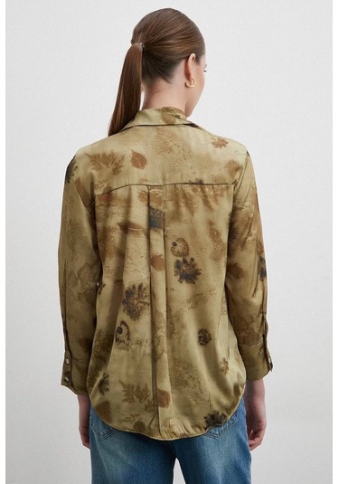 Kadın Uzun Kol Desenli Renkli Pamuk Saten Premium Kalite Spor Şık Gömlek Haki