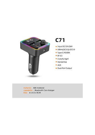 C71 Bluetooth Araç Şarj Cihazı 3'ü 1 Arada Pd 30w Çakmak Şarj Adaptörü, Fm Vericili