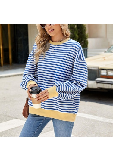 Hnxc Kadın Modası Rahat Çizgili Baskılı Uzun Kollu O-boyun Kapşonlular Ve Sweatshirtler Pembe&gri Pembe - Gri