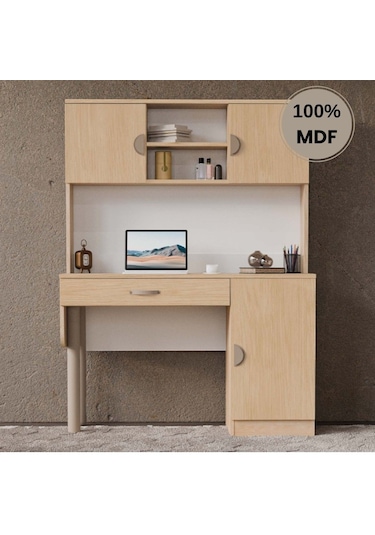 Ladin Mdf Kitaplıklı Dolaplı Çalışma Masası Bej