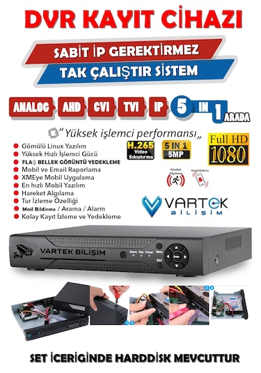 4 Kameralı 1 Tb Hdd 5mp Lensli 1080p Fullhd Kamera Seti - Su Gecirmez- Sabit İp Gerektirmez