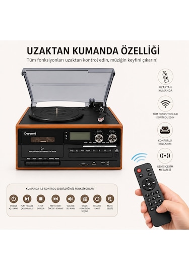 Dosound Tr-17s Ahşap Çok Fonksiyonlu Pikap Kaset Cd Usb Bluetooth Müzik Sistemi 1 Adet