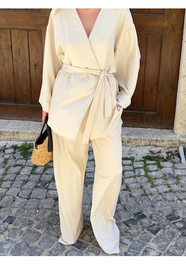 Laluvia Natural Tek Düğmeli Kuşaklı Kimono Takım - 007