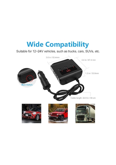 Yunboo Araç Şarj Adaptörü 3 Çıkışlı 4 Usb 100w, Voltaj Göstergeli, Açma-kapama Anahtarlı, Çoklu Koruma, Siyah