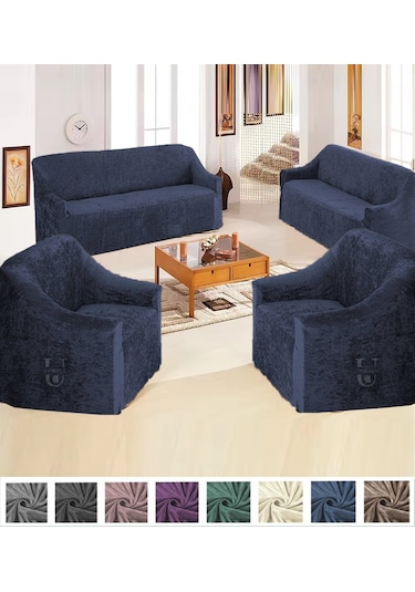 Upmall Kadife 3+3+1+1 Lastikli Kanepe Örtüsü Koltuk Örtüsü Mavi