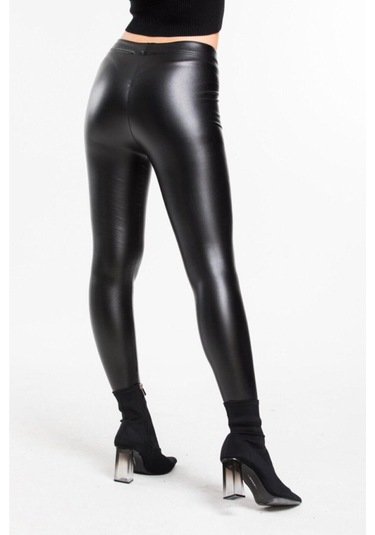 Içi Peluşlu Siyah Deri Tayt Yüksek Bel Korsajlı SiYAH