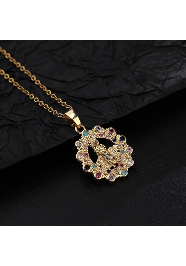Dini Bakır Mikro Mıhlanmış Renkli Zirkon Taşlı Pandantif, Kadın Takısı, Katolik Meryem Ana Kolyesi P Altın