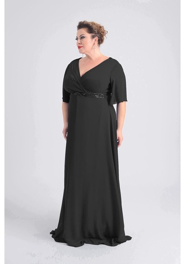 Lilas Xxl Kadın Büyük Beden Uzun Şifon Abiye Elbise 9510 Siyah Siyah