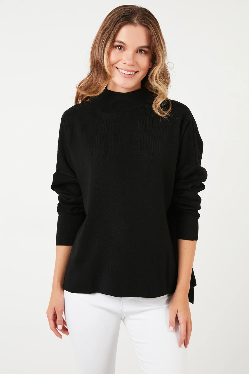 Lela Pamuklu Arkası Uzun Dik Yaka 2'Li Paket Triko Bayan Kazak 4615002S2 Bej-Siyah