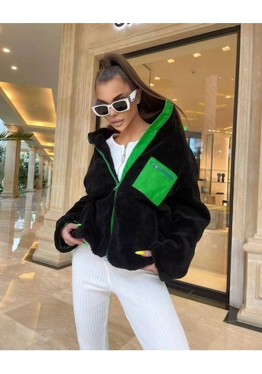 Munn Collection Kadın Uzun Kollu Renkli Cep Ve Fermuar Detay Peluş Mont Siyah