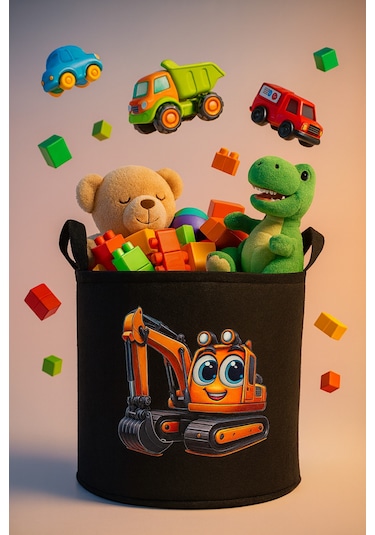 Siyah Keçe Oyuncak Sepeti Çizgi Film Kepçe Desenli, Katlanabilir Kulplu, Çocuk Odası Düzenleyici Siyah