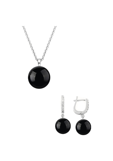 Gümüş Yuvarlak Model Kolye Küpe Siyah Oniks Taşlı Set 8 Mm