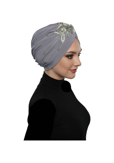 Kopma Astarlı İşlemeli Açık Gri Sarı Dantel Motifli Hazır Türban Tesettür Abiye Bone Açık Gri - Sarı