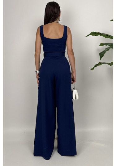 Noir Flow Kadın Lacivert Kemerli Askılı Bol Paça Tulum Zarif Şıklık Lacivert