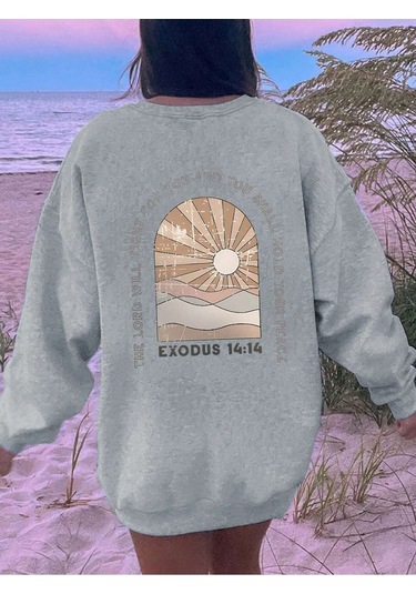 Exodus 14:14 Kışlık Kalın Sweatshirt - Gri Baskılı Oversize Kalın Kışlık Bisiklet Yaka Gri