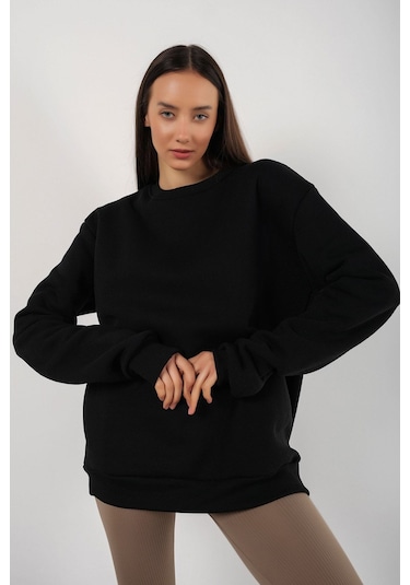 Modagen Kadın Siyah Focus Sırt Baskılı Bisiklet Yaka Oversize Sweatshirt Siyah