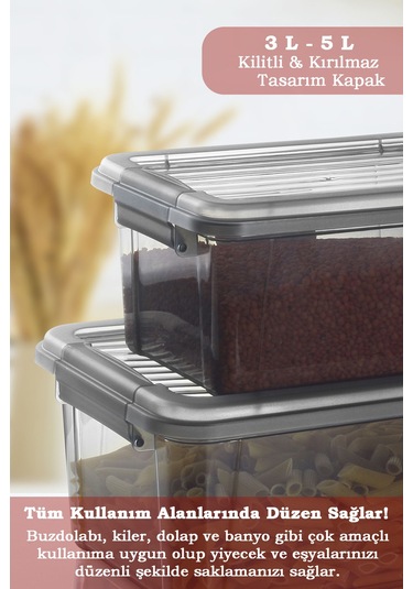 2'li Set Kilit Kapaklı Un Bakliyat Erzak Kabı - Çok Amaçlı Düzenleyici Deterjan Saklama Kutusu 3l-5l Siyah