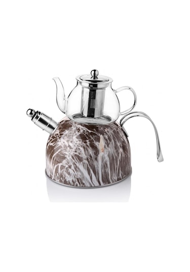 Nishev Mermer Düdüklü Çelik Cam Çaydanlık Takımı Açık Gri Gri