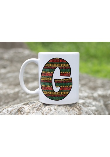 G Harfi Etnik Desenli Kupa - Afrika Tarzı Kahve Çay Kupası - Hediyelik - Black History Beyaz
