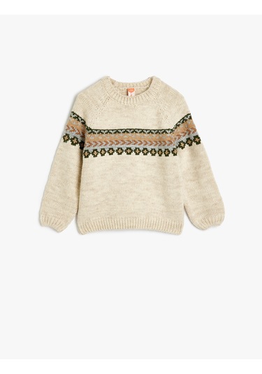 Koton Bisiklet Yaka Uzun Kollu Desenli Triko Kazak Bej 5wmb90002tt Ekru