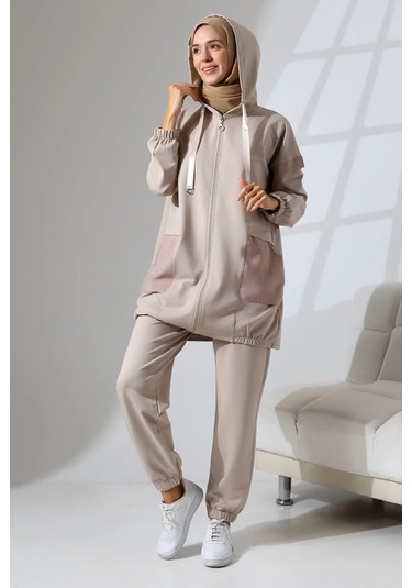 Kadın Taş Rengi Mevsimlik Penye Alt Üst Spor Ve Rahat Ikili Tunik Pantolon Şık Tesettür Takım Taş Rengi