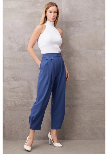 Paçası Düğmeli Yüksek Bel Pantolon Indigo