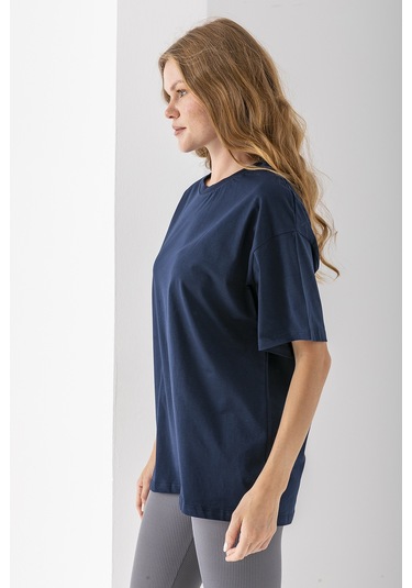 Giysa Kadın Bisiklet Yaka Düz Basic Pamuklu T-shirt Lacivert - 25501 Lacivert