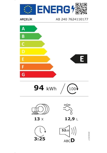 Arçelik AB 240 4 Programlı 13 Kişilik Ankastre Bulaşık Makinesi