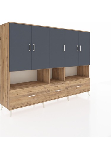 Hyperion Dolap 12 Raflı 3 Çekmeceli 5 Kapaklı 220x44x163 Çam-antr Çam-antrasit/çam