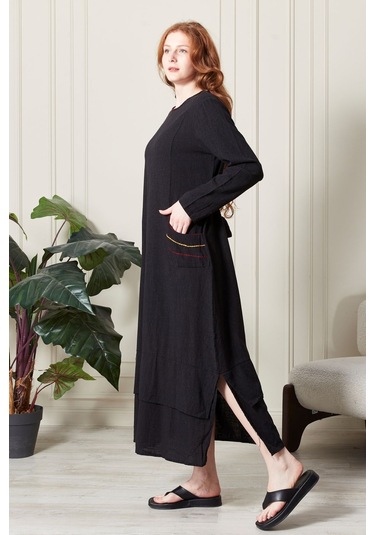 Cep İşlemeli Uzun Keten Elbise - Zarif Ve Rahat Siyah