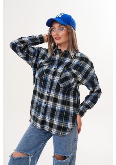 Kadın Desen Bloklu Oduncu Oversize Bol Ve Geniş Kalıp Casual Cepli Yakalı Ceket Gömlek Lacivert