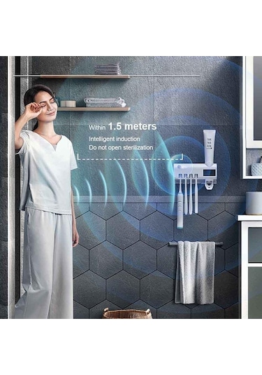 Siyah Mengnı Güneş Enerjisi Uv Diş Fırçası Tutucu Otomatik Diş Macunu Sıkacağı Duvara Monte Diş Macunu Dispenseri Ev Banyo Aksesuarları Siyah